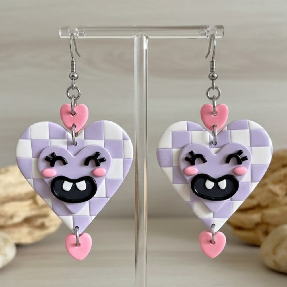 Smiley Face Checkerboard Heart Earrings - Handmade - Purple